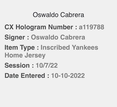 Oswaldo Cabrera Signed MLB Nike Replica Jersey MLB Debut Rookie Auto Steiner COA