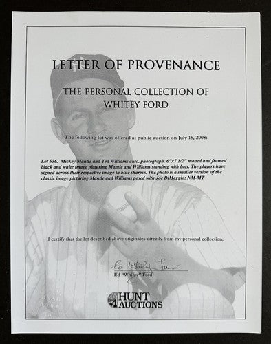 Ed WHITEY FORD Signed Personal Collection Authenticity Letter Hunt Auctions Seal
