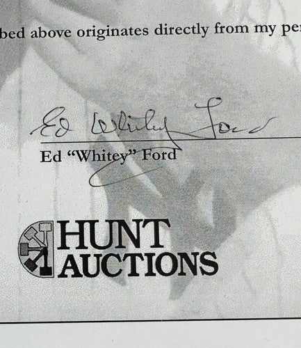 Ed WHITEY FORD Signed Personal Collection Authenticity Letter Hunt Auctions Seal
