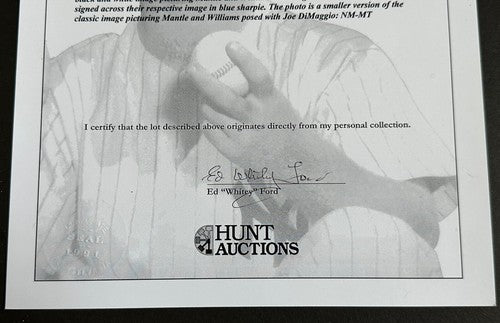 Ed WHITEY FORD Signed Personal Collection Authenticity Letter Hunt Auctions Seal