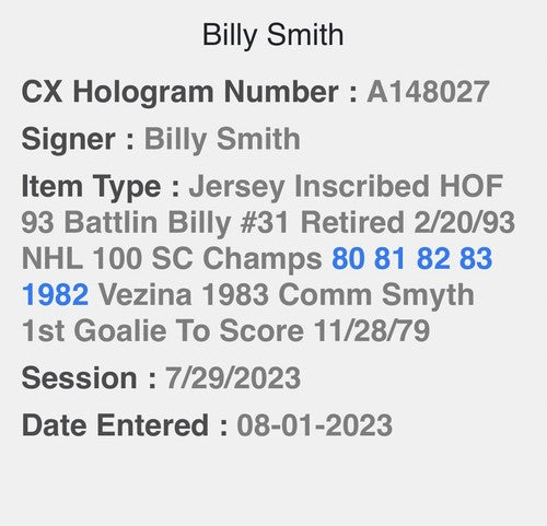 Billy Smith Signed Islanders Blue 9 Stat Jersey Hof Auto Stanley Cup Steiner Coa