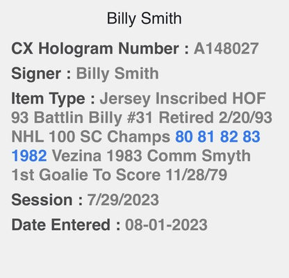 Billy Smith Signed Islanders Blue 9 Stat Jersey Hof Auto Stanley Cup Steiner Coa