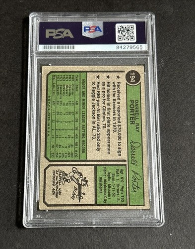 Darrell Porter Signed Original 1974 Topps #194 Brewers Centered Auto Psa Coa