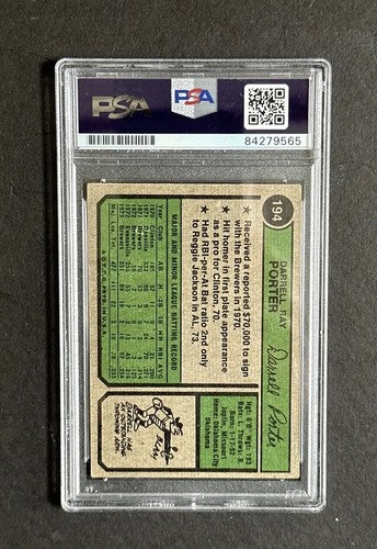 Darrell Porter Signed Original 1974 Topps #194 Brewers Centered Auto Psa Coa