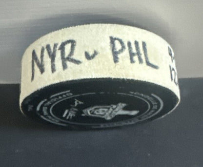NY Rangers vs Flyers Game Used Official Puck Msg  2014 Playoffs Steiner Coa