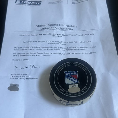 NY Rangers vs Flyers Game Used Official Puck Msg  2014 Playoffs Steiner Coa