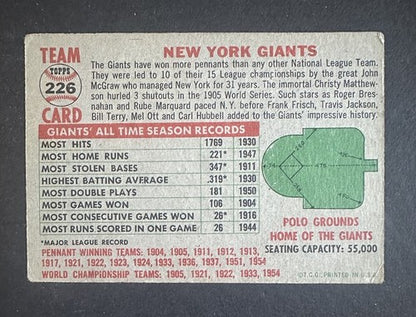 1956 TOPPS NY GIANTS TEAM CARD #226 WILLIE MAYS Ex