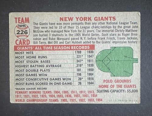 1956 TOPPS NY GIANTS TEAM CARD #226 WILLIE MAYS Ex