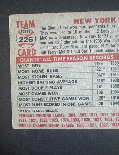1956 TOPPS NY GIANTS TEAM CARD #226 WILLIE MAYS Ex