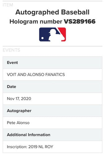 Pete Alonso Signed Official MLB Baseball Mets 2019 NL ROY Auto Rookie Fanatics