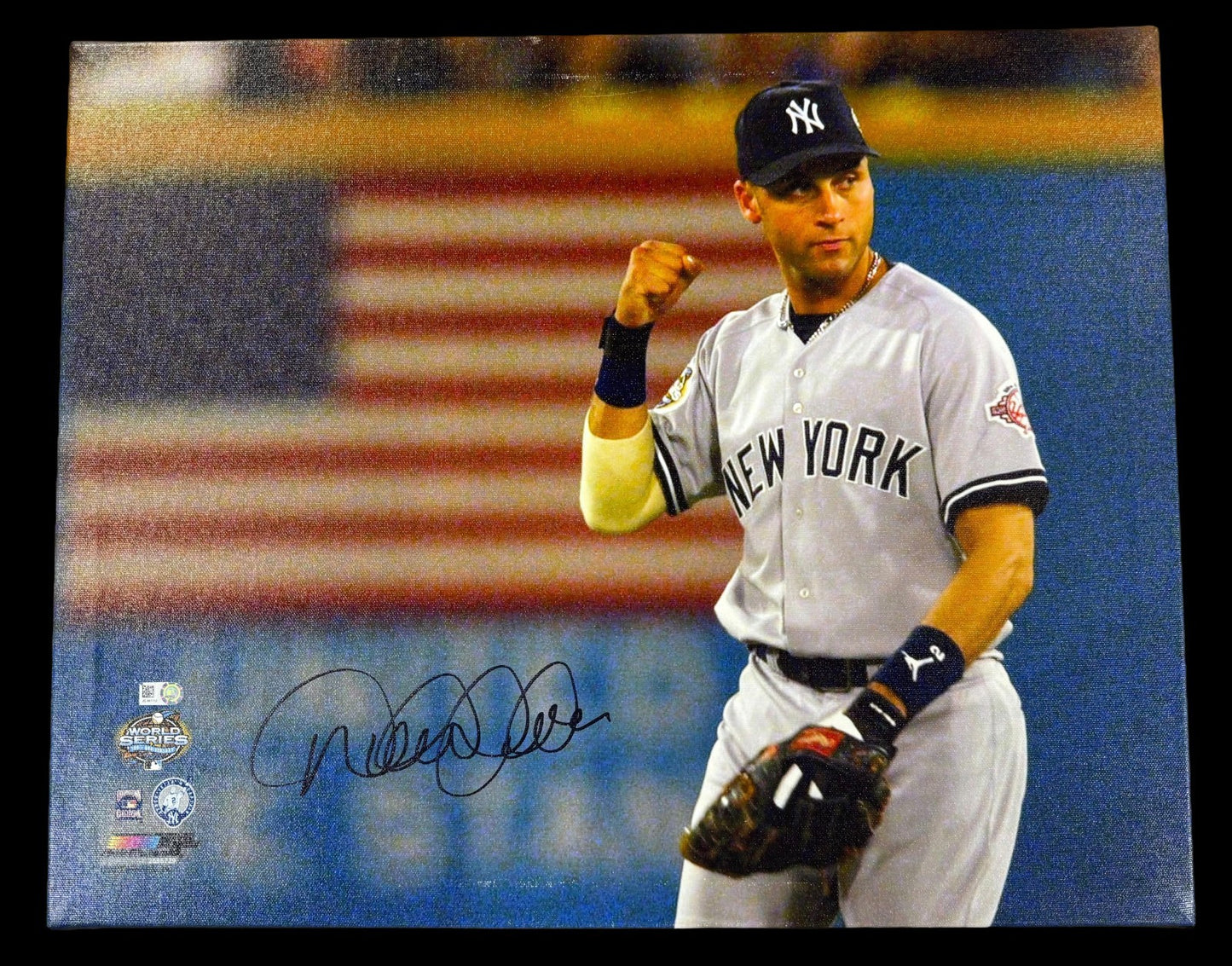Derek Jeter Yankees Signed 16x20 Canvas Photo Stretched USA Flag Auto MLB COA