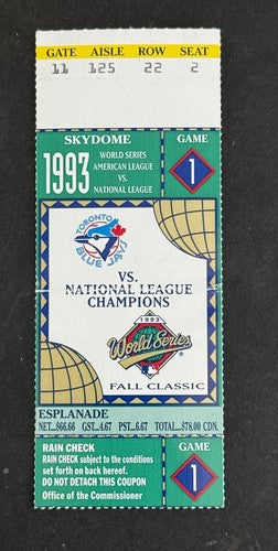 Toronto Blue Jays vs. Philadelphia Phillies 1993 World Series Game 1 Ticket Stub