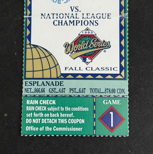 Toronto Blue Jays vs. Philadelphia Phillies 1993 World Series Game 1 Ticket Stub