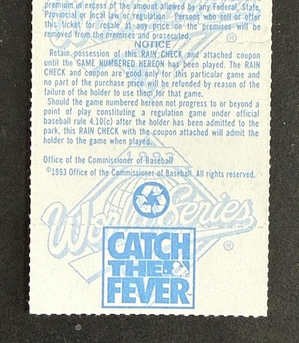 Toronto Blue Jays vs. Philadelphia Phillies 1993 World Series Game 1 Ticket Stub