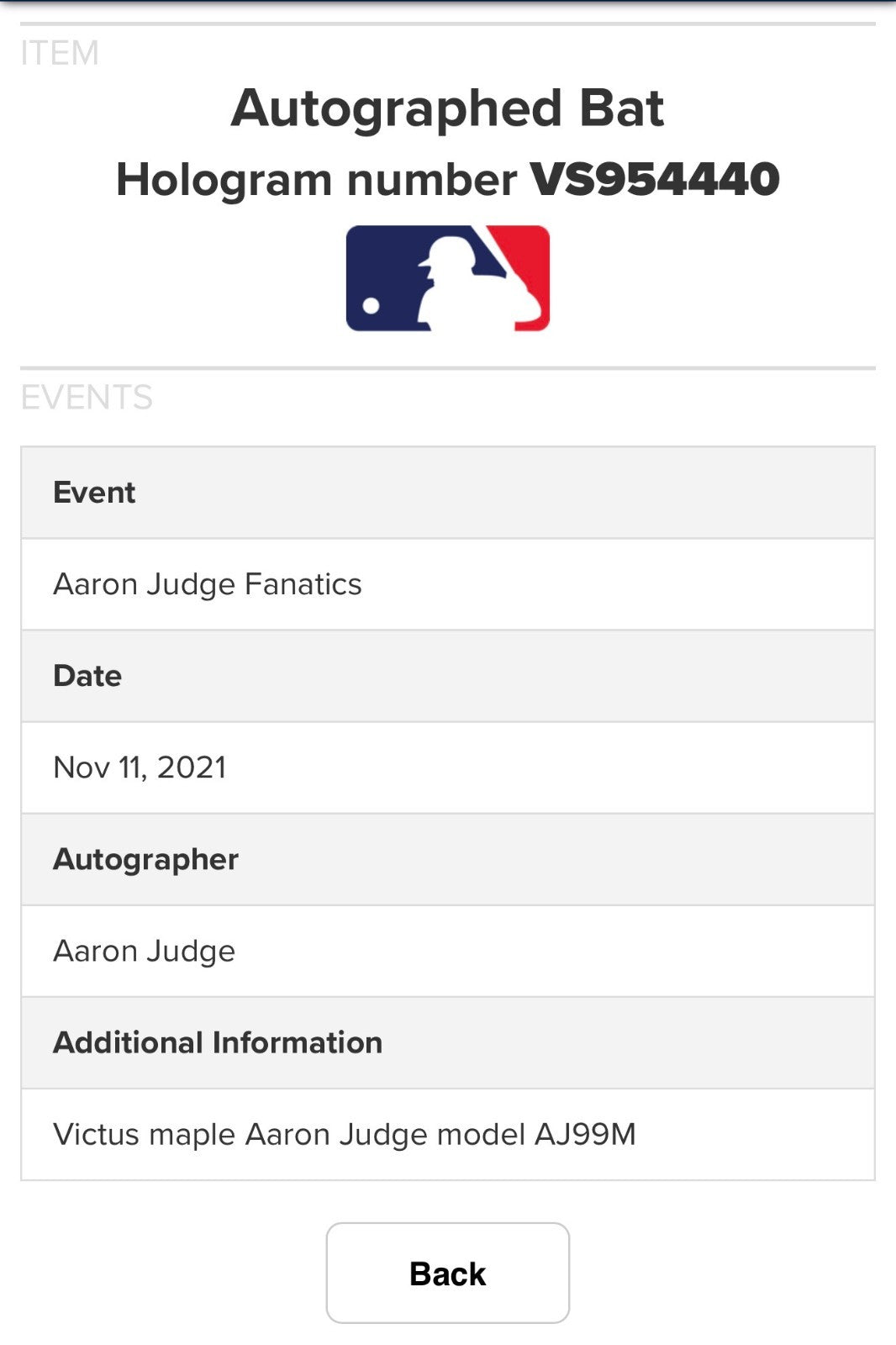 Aaron Judge Ny Yankees Signed Victus Game Model Bat Auto MVP Fanatics & MLB COA