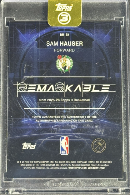 2026 Topps 3 Sam Hauser Remarkable Auto /49 #RM-SH Boston Celtics Mint Encased