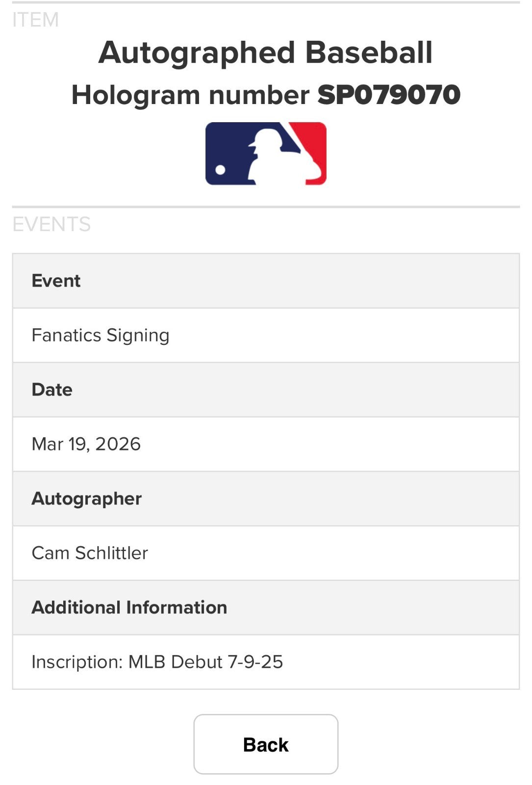 Cam Schlittler Signed Official Baseball MLB Debut Auto Fanatics MLB NY Yankees