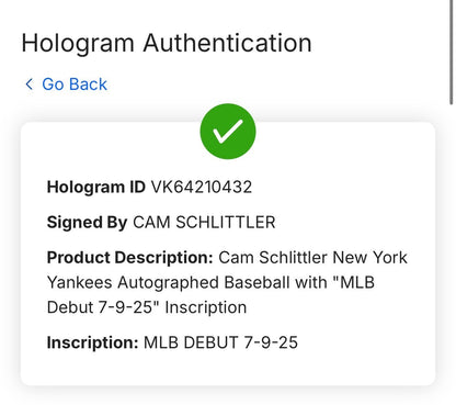 Cam Schlittler Signed Official Baseball MLB Debut Auto Fanatics MLB NY Yankees
