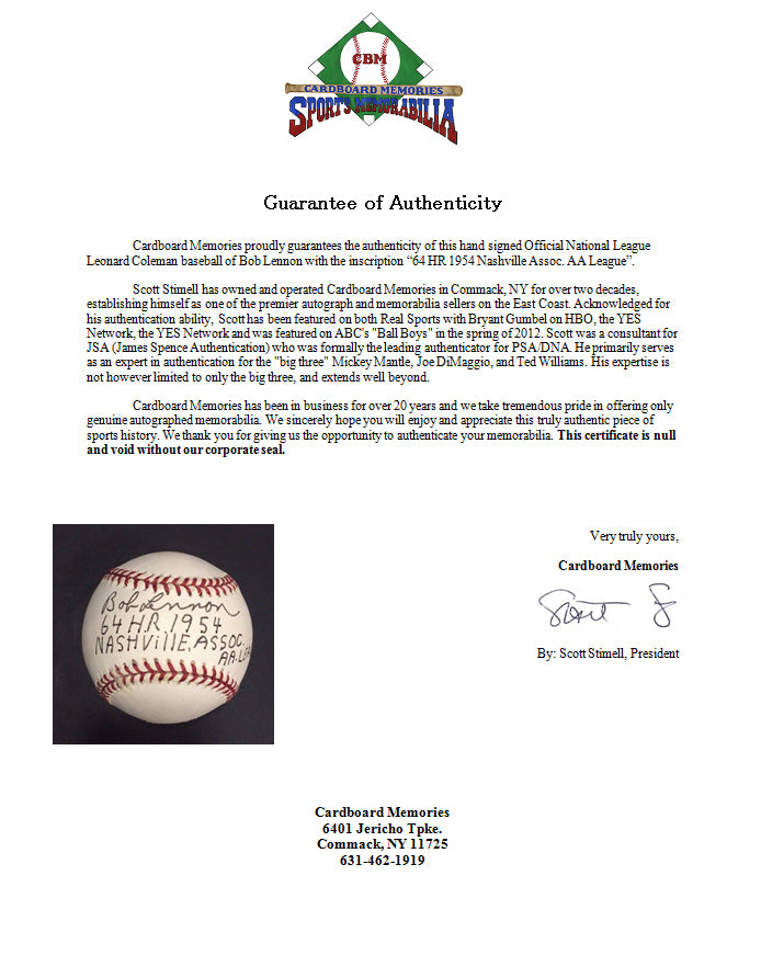 Bob Lennon Signed 64 HR 1954 AA League ONL Baseball NY Giants Auto CBM COA