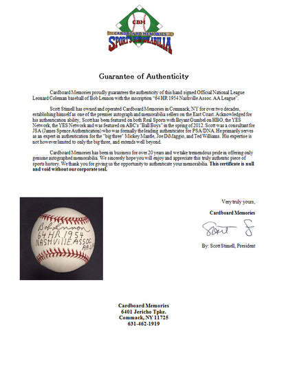 Bob Lennon Signed 64 HR 1954 AA League ONL Baseball NY Giants Auto CBM COA