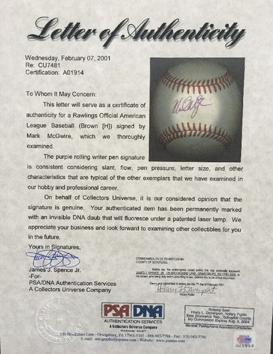 Mark McGwire Signed Official A.L Baseball Rookie Autograph PSA LOA Oakland A’s