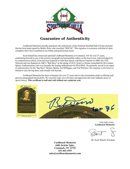 Bobby Doerr Red Sox signed Hall of Fame postcard INS HOF 86 Autograph CBM COA