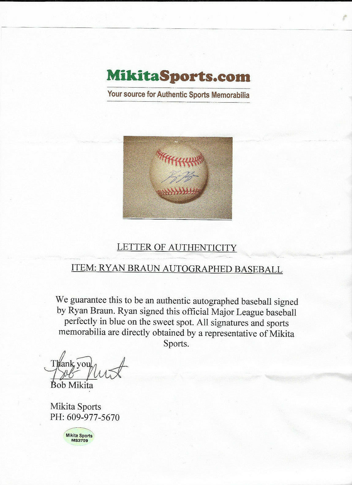 Ryan Braun Brewers signed Official MLB Baseball autograph Agent COA