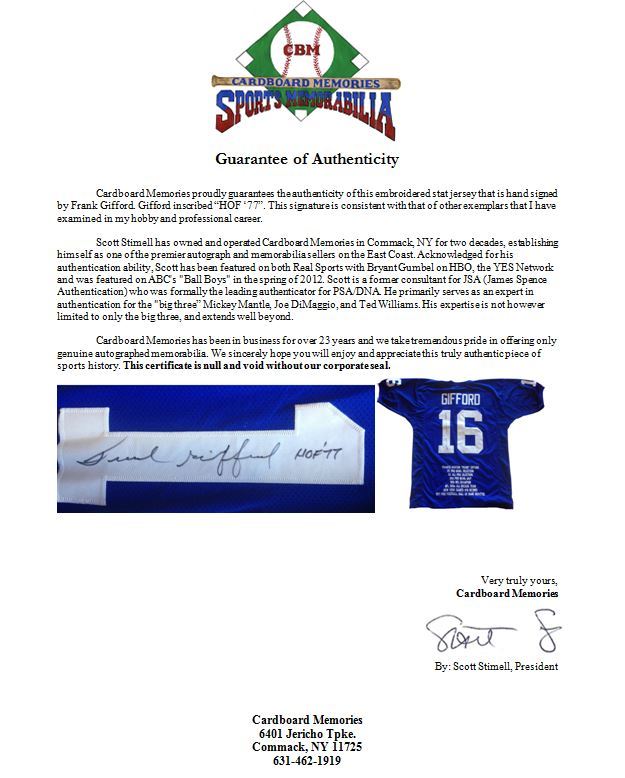 Frank Gifford Ny Giants signed CAREER STAT JERSEY HOF 77 autograph Mint CBM COA
