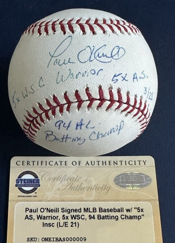 Paul O`neill Signed Mlb Baseball Yankees 5x Ws WARRIOR Stat Auto Steiner Coa /21