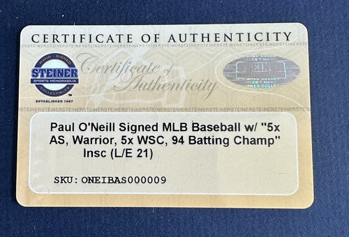 Paul O`neill Signed Mlb Baseball Yankees 5x Ws WARRIOR Stat Auto Steiner Coa /21