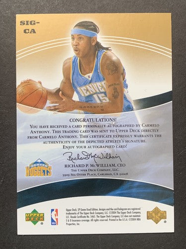Carmelo Anthony 2004-05 UD SP GAME USED GOLD SIGNIFICANCE Bold AUTO #10/ 10 1/1
