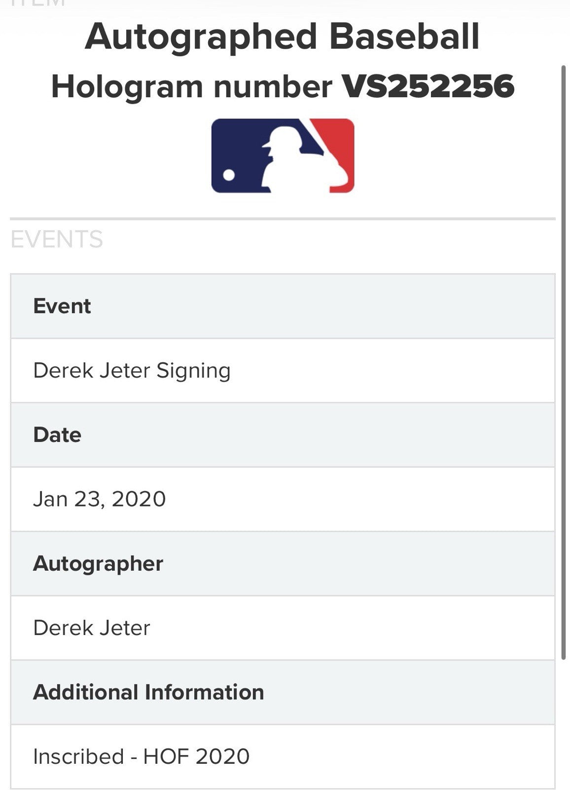 Derek Jeter Signed Official MLB Baseball NY Yankees HOF 2020 Autograph MLB COA