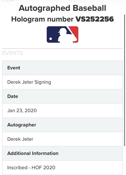 Derek Jeter Signed Official MLB Baseball NY Yankees HOF 2020 Autograph MLB COA