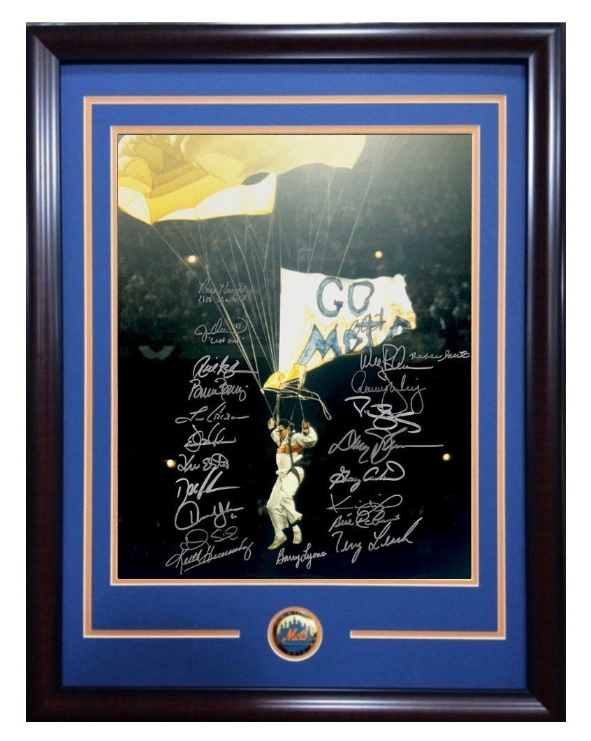 1986 Mets WS Team Signed 16x20 Framed Parachute Photo 22 Auto Gary Carter HOF