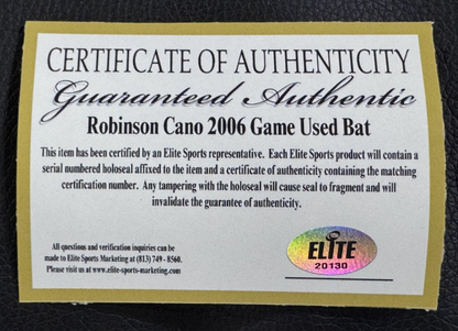 Robinson Cano Game Used 2006 Season Bat Signed Auto Cano COA NY Yankees