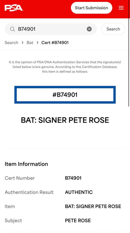 Pete Rose Signed Adirondack Big Stick Game Model Bat Reds Hit King Auto PSA COA