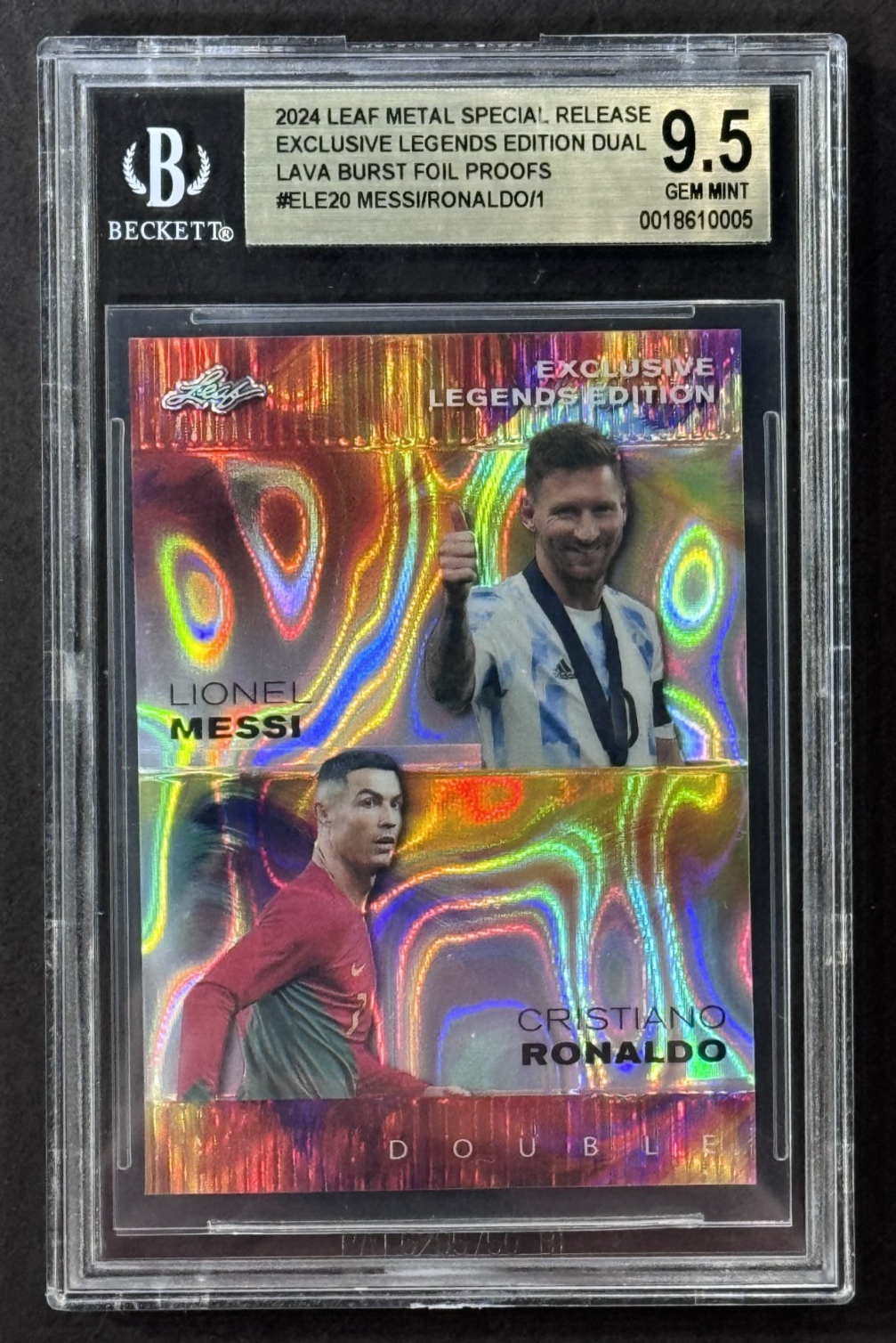 2024 Leaf Metal Legends Dual Lava Burst Lionel Messi /Ronaldo BGS 9.5 Mint  1/1