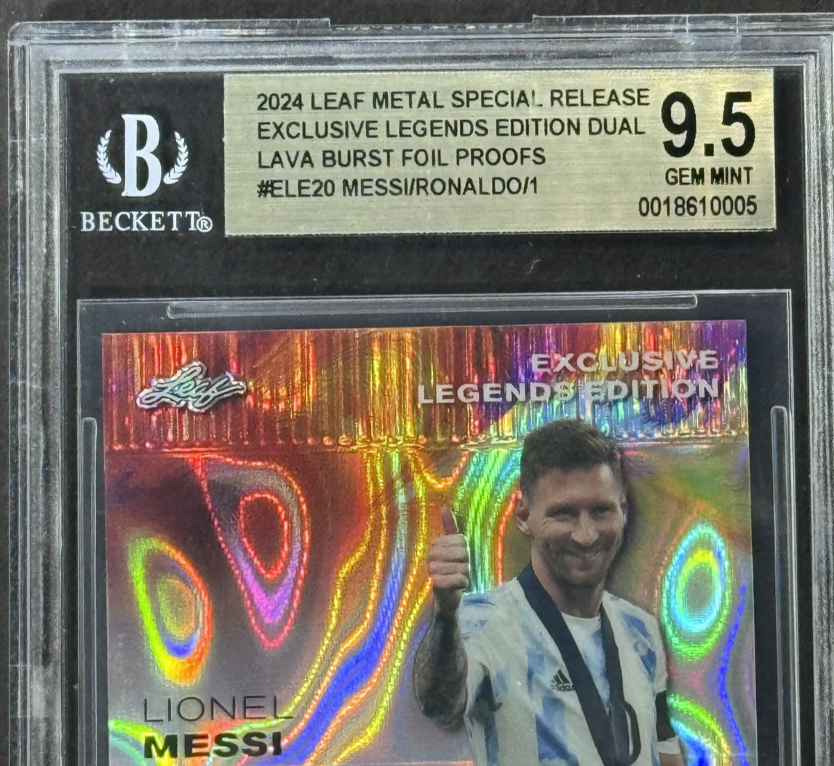 2024 Leaf Metal Legends Dual Lava Burst Lionel Messi /Ronaldo BGS 9.5 Mint  1/1
