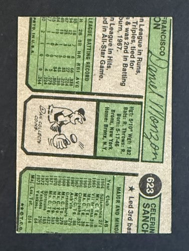 1974 TOPPS BASEBALL MISCUT RARE ERROR CARD Celerino Sanchez 623 Yankees Mint