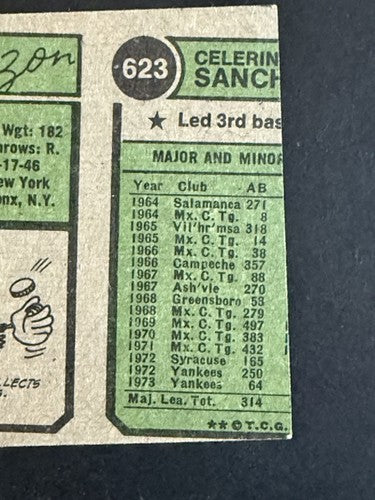 1974 TOPPS BASEBALL MISCUT RARE ERROR CARD Celerino Sanchez 623 Yankees Mint