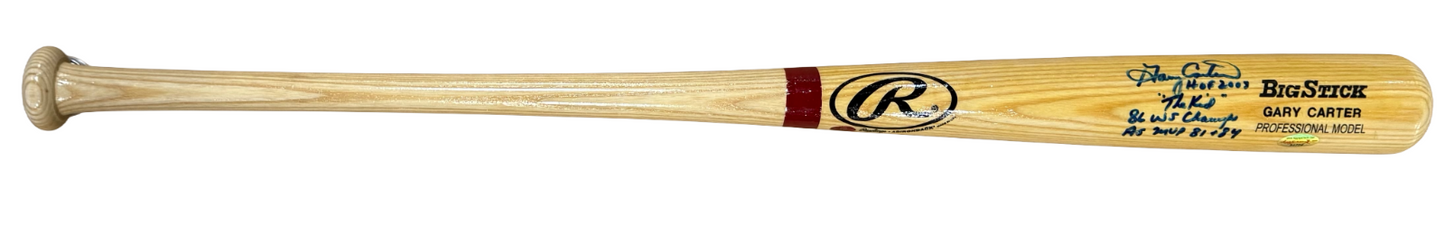 Gary Carter Signed 4 Stat Bat HOF The Kid WS Champ AS MVP Auto Mets RJ.com COA