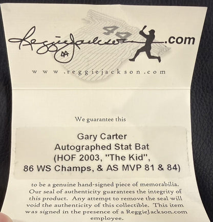 Gary Carter Signed 4 Stat Bat HOF The Kid WS Champ AS MVP Auto Mets RJ.com COA