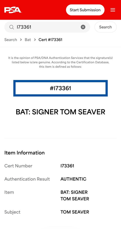Tom Seaver Signed Louisville Slugger Game Model Bat Mets Mint HOF Auto PSA COA