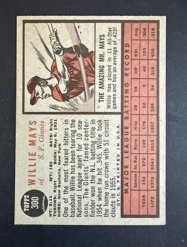 1962 Topps Willie Mays #300 Giants HOF Vintage Sharp Crisp Nm - Near Mint