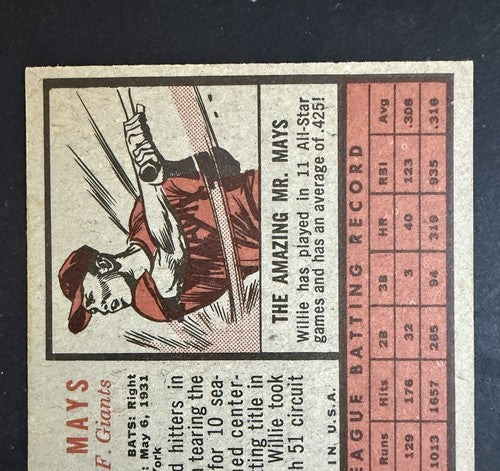 1962 Topps Willie Mays #300 Giants HOF Vintage Sharp Crisp Nm - Near Mint