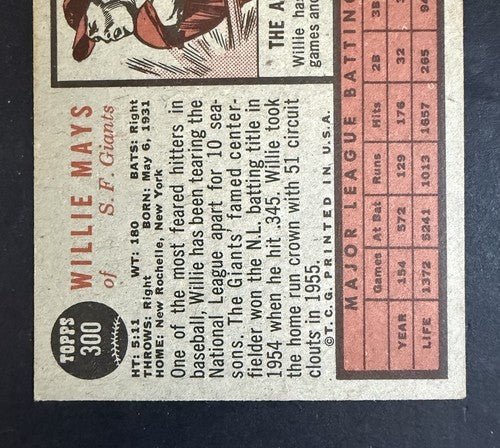 1962 Topps Willie Mays #300 Giants HOF Vintage Sharp Crisp Nm - Near Mint