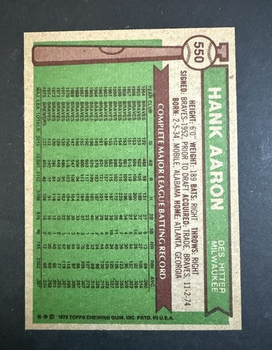 Hank Aaron 1976 Topps #550 LAST TOPPS CARD HR King 755 NM - MINT HOF Brewers