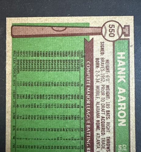Hank Aaron 1976 Topps #550 LAST TOPPS CARD HR King 755 NM - MINT HOF Brewers