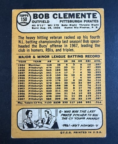 1968 Topps Bob Roberto Clemente #150 Pittsburgh Pirates EX Crease Free HOF