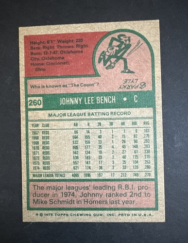1975 Topps Johnny Bench #260 Beautifully Centered Bright Nm HOF Reds